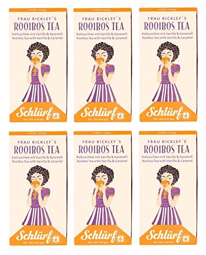 6 x Schlürf Büdel Bio Rooibos Tee | 120 Teebeutel Roibusch | Sorte Frau Ricklef | Spenderbox | Rotbusch Tea | Rooibostee mit Vanille und Karamell | Tee Beutel einzeln verpackt | 240 g von Schlürf