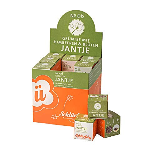 Schlürf Grüntee "Jantje" No. 6, Schlürfel Bio-Grüntee mit Himbeerene und Blüten, Display mit 27 Pyramiden-Teebeuteln in Würfeln einzeln verpackt, 67,5g (27 x 2,5g) von Schlürf