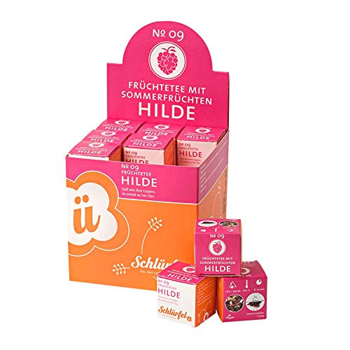 Schlürf Früchtetee "Hilde" No. 9, Schlürfel Bio-Früchtetee mit Sommerfrüchten, Display mit 27 Pyramiden-Teebeuteln in Würfeln einzeln verpackt, 81g (27 x 3g) von Schlürf