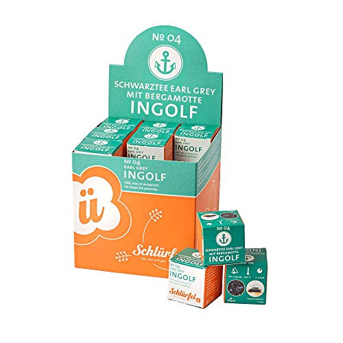 Schlürf Schwarztee "Ingolf" No. 4, Schlürfel Bio-Schwarztee Earl Grey mit Bergamotte, Display mit 27 Pyramiden-Teebeuteln in Würfeln einzeln verpackt, 67,5g (27 x 2,5g) von Schlürf