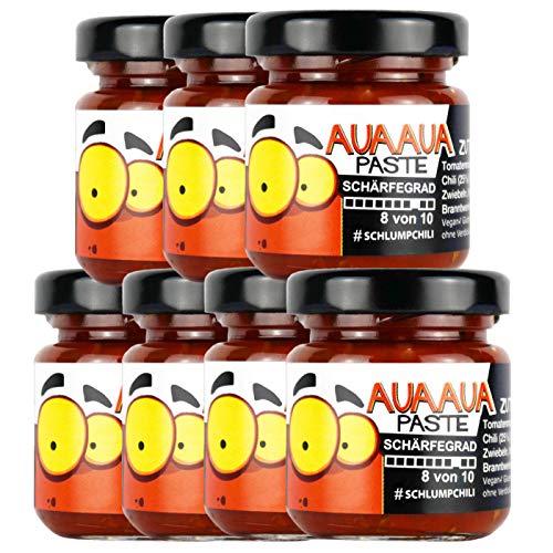 Schlump-Chili⎥7x AUAAUA® Original sehr scharfe Habanero Chili Paste mit Ingwer Set im Glas (7 x 35g) von Schlump-Chili