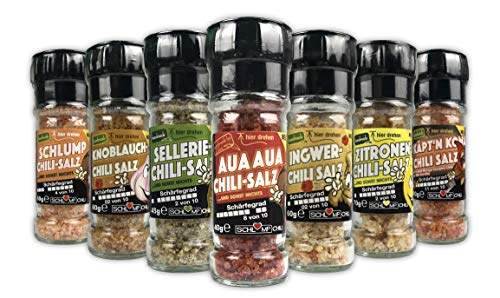 Schlump-Chili⎥Gewürzsalzmühlen Spar Set - 7 auf einen Dreh! Sortiment Set Zitrone, Sellerie, Chili, Knoblauch,Ingwer von mild bis ULTRA Scharf inkl. Mühlen mit Edelstahlmahlwerk (7 Stk.) von Schlump-Chili