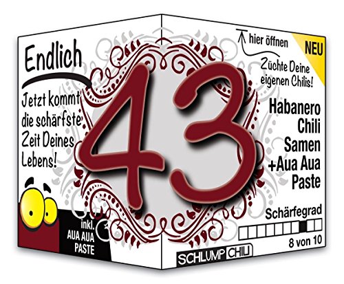 Schlump-Chili⎥Endlich 43 - das witzige scharfe Geburtstagsgeschenk. Eine originelle Geschenkidee zum 43. Geburtstag für Männer und Frauen von Schlump-Chili