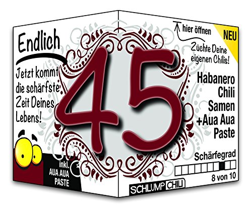 Schlump-Chili⎥Endlich 45 - das witzige scharfe Geburtstagsgeschenk. Eine originelle Geschenkidee zum 45. Geburtstag für Männer und Frauen von Schlump-Chili