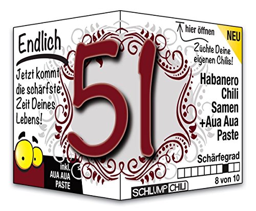 Schlump-Chili⎥Endlich 51 - das witzige scharfe Geburtstagsgeschenk. Eine originelle Geschenkidee zum 51. Geburtstag. Ein Präsent für Männer und Frauen von Schlump-Chili