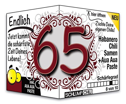 Schlump-Chili⎥Endlich 65 - das witzige scharfe Geburtstagsgeschenk. Eine originelle Geschenkidee zum 65. Geburtstag für Männer und Frauen von Schlump-Chili®