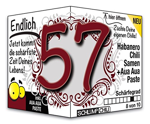 Schlump-Chili⎥Endlich 57 - das witzige scharfe Geburtstagsgeschenk. Eine originelle Geschenkidee zum 57. Geburtstag für Männer und Frauen von Schlump-Chili®