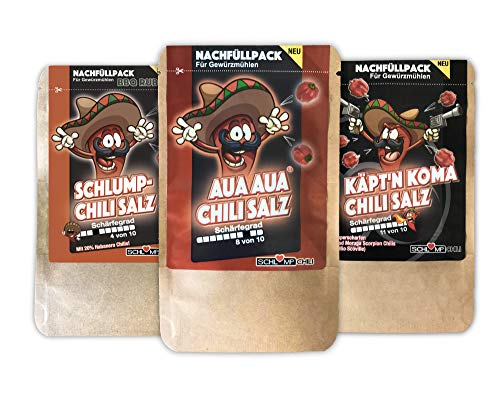 Schlump-Chili⎥TRIO INFERNALE! - Scharfes Chili Gewürzsalz Set Probierpack schärfstes Chilisalz mit AUAAUA und KÄPTN KOMA Grob S von Schlump-Chili