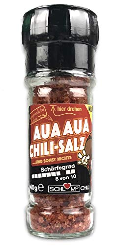 Schlump-Chili⎥AUASALZ⎥AuaAua scharfe Habanero-Chilisalz Gewürzmühle mit Meersalz und Chilis inkl. Edelstahlmahlwerk (1x 40g) von Schlump-Chili