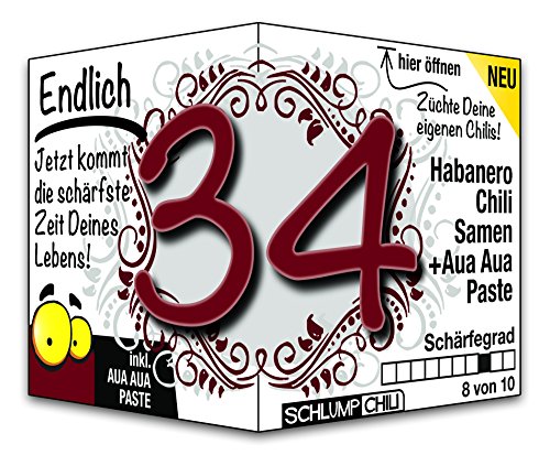 Schlump-Chili⎥Endlich 34 - das witzige scharfe Geburtstagsgeschenk. Eine originelle Geschenkidee zum 34. Geburtstag. Ein Präsent für Männer und Frauen von Schlump-Chili