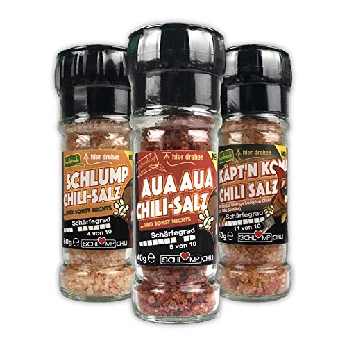 Schlump-Chili⎥TRIO INFERNALE⎥Scharfes Gewürzmühlen Set inkl. Edelstahlmahlwerk⎥mit Habanero- und Trinidad Moruga Scorpion Chilis⎥Schärfste Chili der Welt Salz Schlump-Chili⎥TRIO INFERNALE⎥Scharfes Gewürzmühlen Set inkl. Edelstahlmahlwerk⎥mit Habanero- und Trinidad Moruga Scorpion Chilis⎥Schärfste Chili der Welt Salz von Schlump-Chili