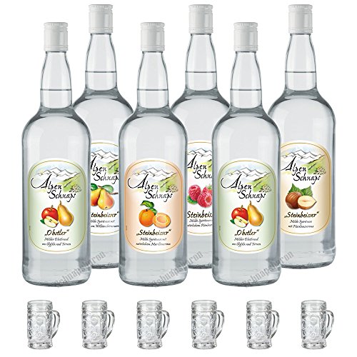 Alpenschnaps Steinbeisser Mischpaket 6 x 1,0l incl. 6 Stampl Gläser von Schnapsbaron Promopaket