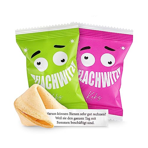 Glückskekse Flachwitze 30er Packung grün und pink lustige Glückskekse mit flachen Witzen für Kinder und Erwachsene zur Party, Geburtstag, Geschenk | Kekse frisch gebacken vegan & made in Germany von Schöne Güter