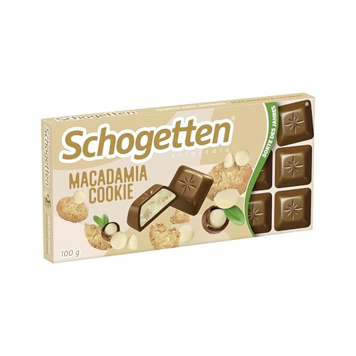 Schogetten Macadamia Cookie 100g Schokoladentafel, Vollmilchschokolade mit leckeren Keks-und Macadamia-Stücken | Die neue Sorte des Jahres 2025 von Schogetten