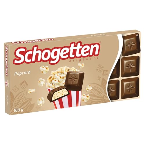 Schogetten Popcorn 1 x 100g Schokoladentafel, mit Popcorn- und Maisstückchen, praktisch einzeln portioniert. Ein Genuss. Stück für Stück. von Schogetten