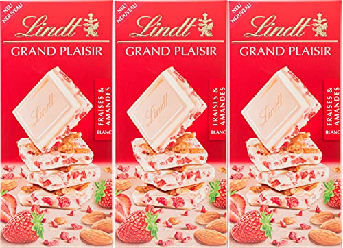 Lindt Grand Plaisir Erdbeere & Mandel Schokolade, weiße Schokoladentafel mit fruchtigen Erdbeercrispies und knusprigen Mandelstückchen 3 x 150 g von Schokolade