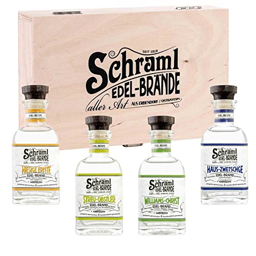 Schraml Edelbrand Geschenkset in Präsent-Holzkiste, 4 verschiedene Edelbrände in Geschenkkiste, 4 x 0,1 Liter, 42% vol, (Streu-Obstler/Wiliams-Birne/Haus-Zwetschge/Hiesige Ernte) von Schraml