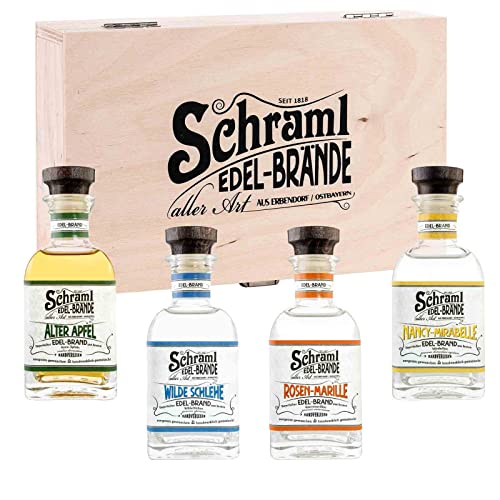 Schraml Edelbrand Geschenkset in Präsent-Holzkiste, 4 verschiedene Edelbrände in Geschenkkiste, 4 x 0,1 Liter, 42% vol, Nancy-Mirabelle/Rosen-Marille/Wilde Schlehe/Alter Apfel von Schraml