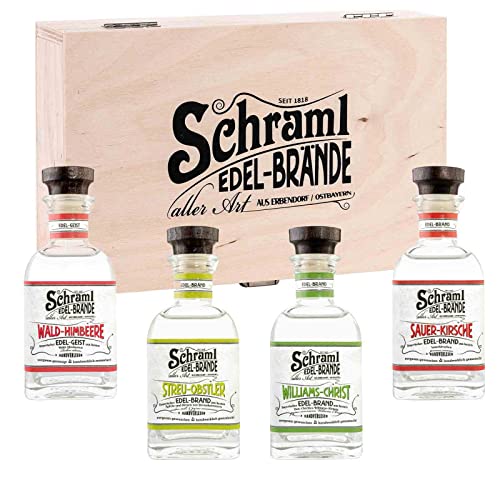 Schraml Edelbrand Geschenkset in Präsent-Holzkiste, 4 verschiedene Edelbrände in Geschenkkiste, 4 x 0,1 Liter, 42% vol, Streu-Obstler/Williams-Christ/Sauer-Kirsche/Wald-Himbeere Schraml Edelbrand Geschenkset in Präsent-Holzkiste, 4 verschiedene Edelbrände in Geschenkkiste, 4 x 0,1 Liter, 42% vol, Streu-Obstler/Williams-Christ/Sauer-Kirsche/Wald-Himbeere von Schraml