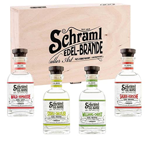 Schraml Edelbrand Geschenkset in Präsent-Holzkiste, 4 verschiedene Edelbrände in Geschenkkiste, 4 x 0,1 Liter, 42% vol, Streu-Obstler/Williams-Christ/Sauer-Kirsche/Wald-Himbeere von Schraml