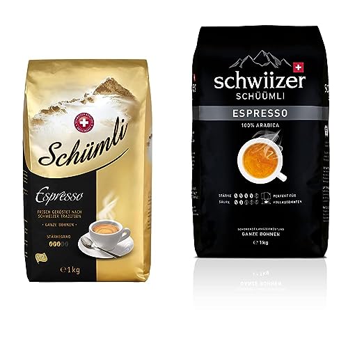 Schümli Espresso Ganze Kaffeebohnen 1kg - Stärkegrad 3/5 - UTZ-zertifiziert, 1kg (1er Pack) & Schwiizer Schüümli Espresso Ganze Kaffeebohnen 1kg - Intensität 4/5 - UTZ-zertifiziert von Schümli