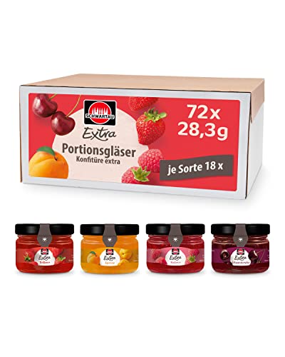 Schwartau Extra Mix-Box, Konfitüre Portionsgläser (18 x Erdbeere, 18 x Himbeere, 18 x Aprikose, 18 x Kirsche), 72 x 28,3g von Schwartau