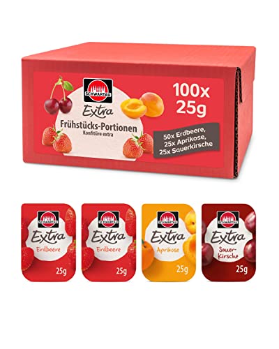 Schwartau Extra Portionen Mix-Box, Konfitüre Portionsschalen (50 x Erdbeere, 25 x Aprikose, 25 x Sauerkirsche), Großpackung, 100 x 25g von Schwartau