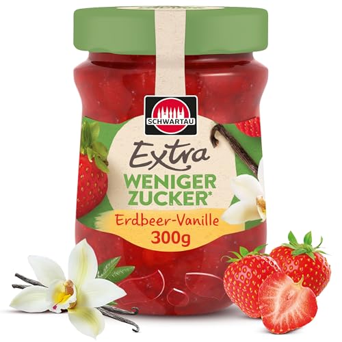Schwartau Extra Weniger Zucker Erdbeer-Vanille, zuckerreduzierter Fruchtaufstrich, 300g Schwartau Extra Weniger Zucker Erdbeer-Vanille, zuckerreduzierter Fruchtaufstrich, 300g von Schwartau