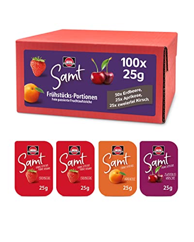 Schwartau Samt Portionen Mix-Box, Konfitüre Portionsschalen (50 x Erdbeere, 25 x Aprikose, 25 x zweierlei Kirsch), Großpackung, 100 x 25g von Schwartau