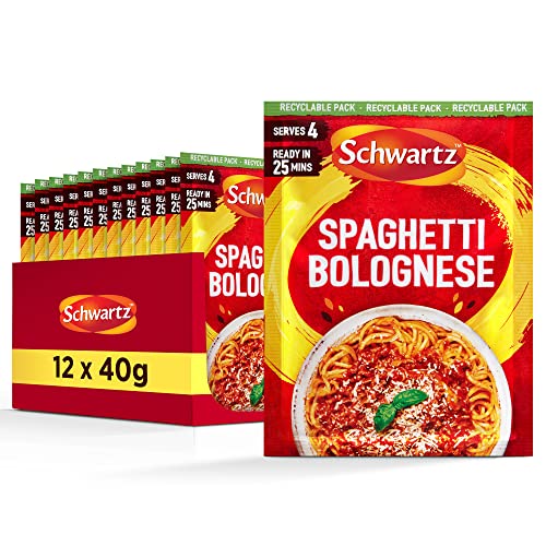 Schwartz Spaghetti Bolognese Rezeptmischung 40 g | 4 Portionen | 12 Stück | Köstlicher Geschmack, leckere Mahlzeit | Mit Tomate, Knoblauch, Basilikum und Oregano | Ohne künstliche Farb- oder Aromastoffe von Schwartz