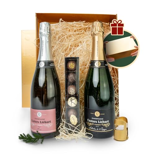 DUO CHAMPAGNER - Geschenkkorb mit Schokolade in edler GOLD Magnetbox - Gourmet Degustation - Party Geschenkidee für Frauen und Männer. Zum Geburtstag, Hochzeit, und weitere Anlässe von Schwarzwald Metzgerei Schaufler