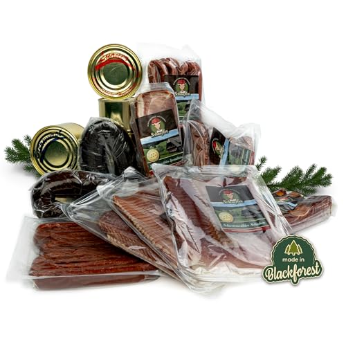 Schwarzwald Maxi Spar XXL Sortiment - 12-teiliges Set mit Dosenwurst, Bauernwurst, Schinken, Landjäger, scharfe Wurst - Paket für den Vorratsraum von Schwarzwald Metzgerei Schaufler
