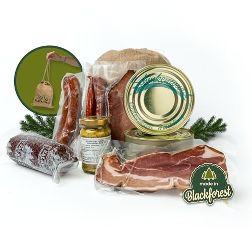 Schwarzwald Metzgerei - Geschenkkorb 9-teilig im Leinentäschle – Präsentkorb mit traditionellen Wurstspezialitäten wie zB. Schwarzwälder Schinken, Bauchspeck, Kirschwassersalami, Leberwurst, Landjäger von Schwarzwald Metzgerei Schaufler