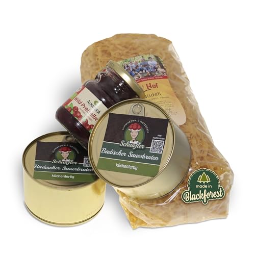 Schwarzwald Metzgerei - Sauerbraten Komplett-Set küchenfertig - Original badischer Sauerbraten vom Rind 2 x 400g mit Nudeln & Preiselbeeren - Klassischer Festtagsbraten mit natürlichen Zutaten von Schwarzwald Metzgerei Schaufler