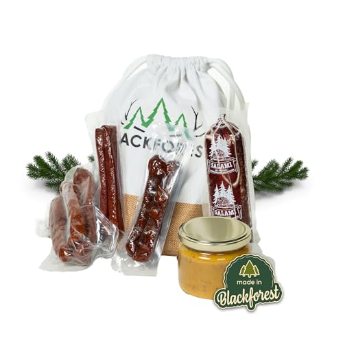 Schwarzwaldmetzgerei Camping Bag Geschenkkorb - 6-teiliger Präsentkorb mit leckeren Wurstspezialitäten wie Pfefferbeiser, Landjäger, Bauernwürste, Kirschwasser-Salami und Birnen-Chilli-Dip von Schwarzwald Metzgerei Schaufler