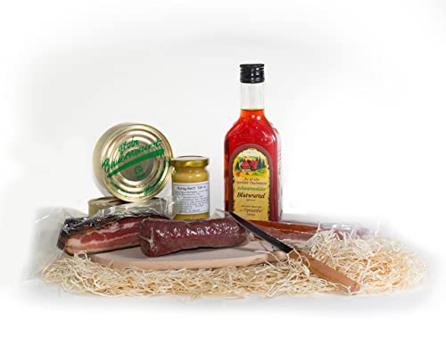 Schwarzwald Metzgerei - Geschenkset "Jause" mit verschiedenen Wurtsspezialitäten, einem Gourmet-Senf, Schneidebrett & -messer - 8-teilig von Schwarzwald Metzgerei
