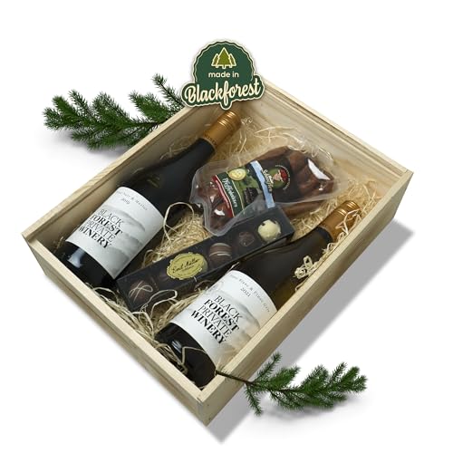 Schwarzwald Metzgerei Schaufler Badische Weinkiste - Rot- und Weißwein mit Pralinen und Knabberwurst-Pfefferbeisser 4-teilig von Schwarzwald Metzgerei