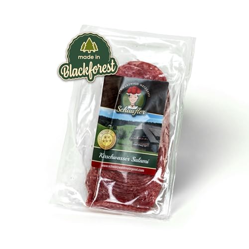 Schwarzwald Metzgerei Schaufler – Schwarzwälder Kirschwasser Salami im Naturreifeverfahren hergestellt – 600g Salami geschnitten mit mildem Kirschwasser-Aroma – Schwarzwälder Spezialität für Salami-Liebhaber von Schwarzwald Metzgerei
