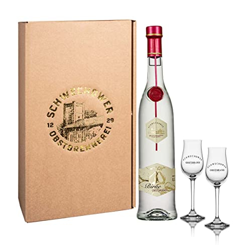 Schwechower Obstbrand Birne 0,5l + 2 Obstbrandgläser (40% Vol.) - Geschenkset, Präsent, Geschenkkarton - Williams Birnenbrand (Williams-Birne), mild & fruchtig 500ml von Schwechower Obstbrennerei GmbH