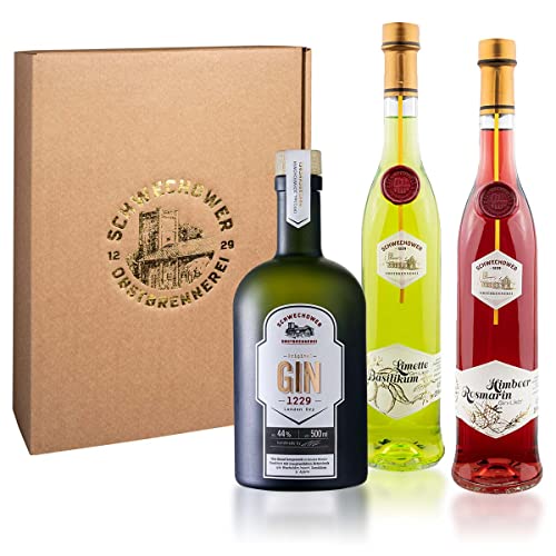 3erlei Gin - Schwechower Geschenkset - 1229 Original Gin 0.5l (44% Vol.) - Gin-Likör HIMBEER-ROSMARIN 0.5l (18% Vol.) - Gin-Likör LIMETTE-BASILIKUM 0.5l (25% Vol.) von Schwechower Obstbrennerei GmbH