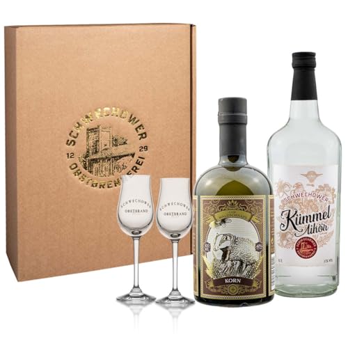 Schwechower Präsent 1386 - Kümmel und Korn - Kümmellikör (35% Vol.) 700ml + Kornbrand (40% Vol.) 500ml in Geschenkkarton inklusive 2 hochwertigen Aromagläsern von Schwechower Obstbrennerei GmbH