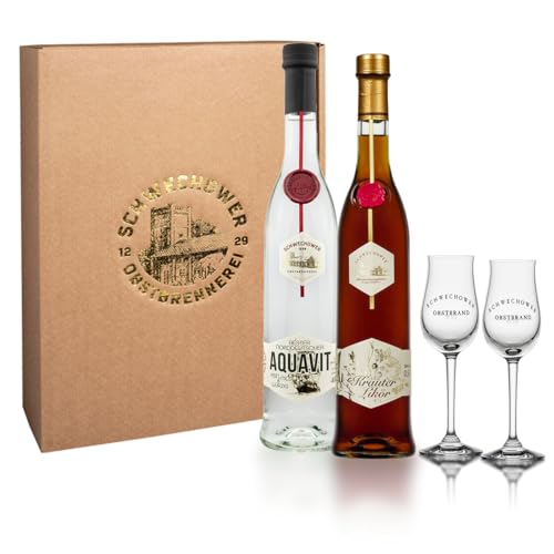 Schwechower Präsent 1390 Absacker/Verteiler - Kräuterlikör (38% Vol.) 500ml + Aquavit (40% Vol.) 500ml in Geschenkkarton inklusive 2 hochwertigen Aromagläsern von Schwechower Obstbrennerei GmbH