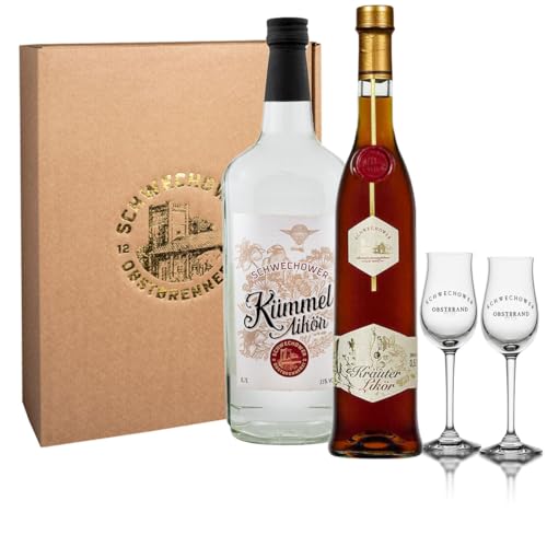 Schwechower Präsent 1486 - Kümmel und Kräuter - Kümmellikör (35% Vol) 700ml + Kräuterlikör (38% Vol) 500ml in Geschenkkarton inklusive 2 hochwertigen Aromagläsern von Schwechower Obstbrennerei GmbH