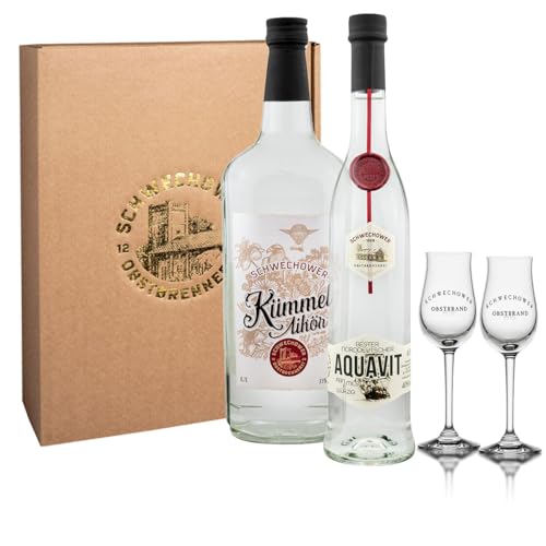 Schwechower Präsent 1490 - Kümmel und Aquavit - Kümmellikör (35% Vol.) 700ml + Aquavit (40% Vol.) 500ml in Geschenkkarton inklusive 2 hochwertigen Aromagläsern von Schwechower Obstbrennerei GmbH