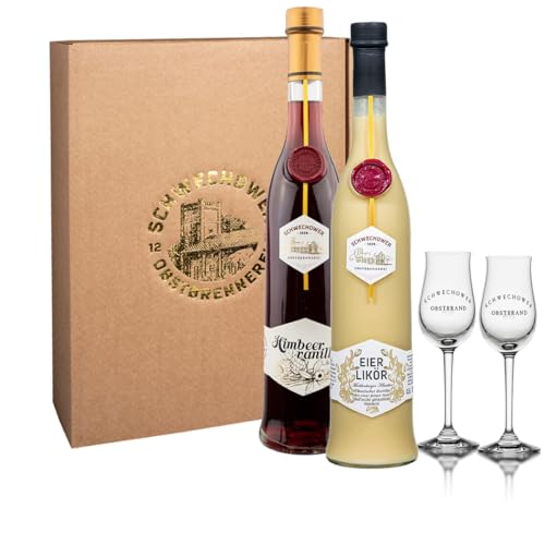Schwechower Präsent Nr.1695 - Eierlikör und Himbeer-Vanille Likör - Bester Eierlikör + Fein-fruchtiger Himbeer-Vanille Likör + 2 Aromagläser (Geschenk) von Schwechower Obstbrennerei GmbH