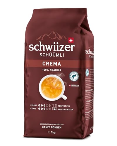 Schwiizer Schüümli Crema, 100 Prozent Arabica Kaffeebohnen, aromatisch-intensiv, für Vollautomaten, Stärke 3/5, mittlere Röstung, Rainforest Alliance-zertifiziert, 1kg von Schwiizer Schüümli