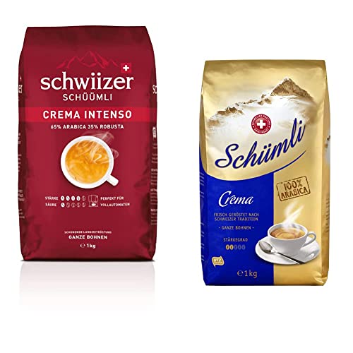 Schwiizer Schüümli Intenso Bohnenkaffee 1kg - Intensität 4/5 - UTZ-zertifiziert & Schümli Crema Ganze Kaffeebohnen 1kg - Stärkegrad 2/5 - UTZ-zertifiziert von Schwiizer Schüümli