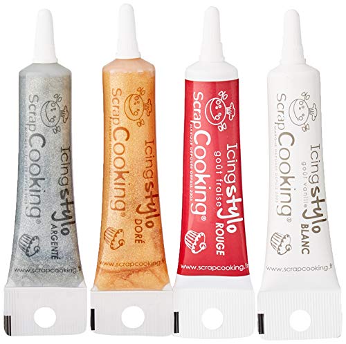 ScrapCooking – 4 pieces of parts markers: gold, chocolate, white & red – edible food pens decorative for writing and drawing on desserts, cakes and biscuits von ScrapCooking