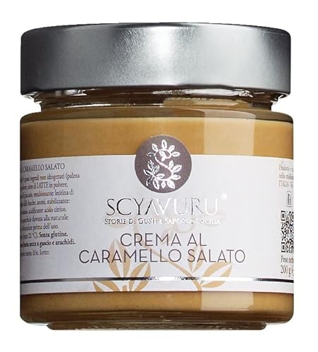 Scyavuru - Crema al Caramello Salato - Süßer Karamellaufstrich mit einem feinen Salzton, 200 g Glas, chmeckt auf Toast mitKonfitüre oder auf Crepes gestrichen von Scyavuru