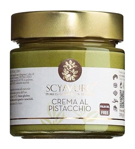 Scyavuru - Crema al pistacchio, süßer Pistazienaufstrich ohne Palmöl, 200 g Glas, mit leichtem Salzton, feiner nussiger Geschmack, frei von Palmöl von Scyavuru